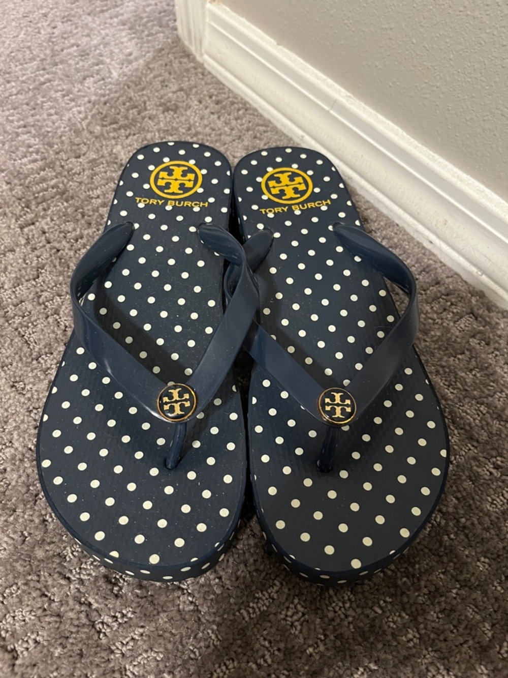 Tory Burch Navy and White Polka Dot Platform Flip Flops with Gold Logo